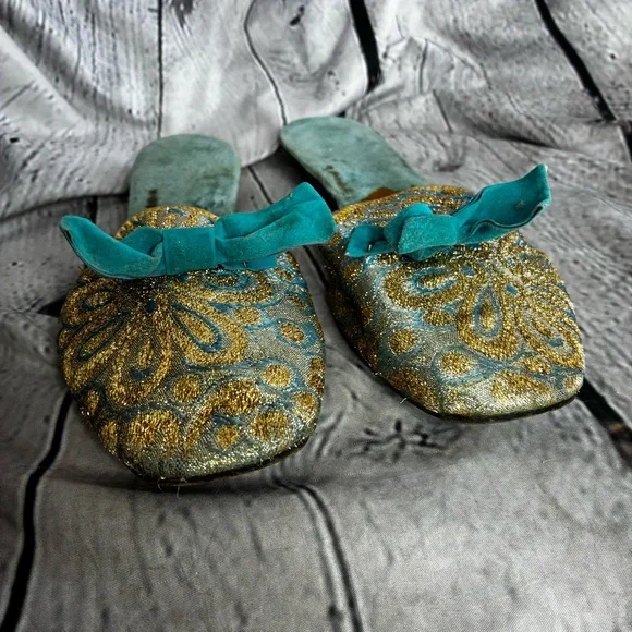 Vintage Ornate Brocade Bow Low Heel House Jacquard Slippers Gold Teal AS IS 10.5 - Picture 6 of 8